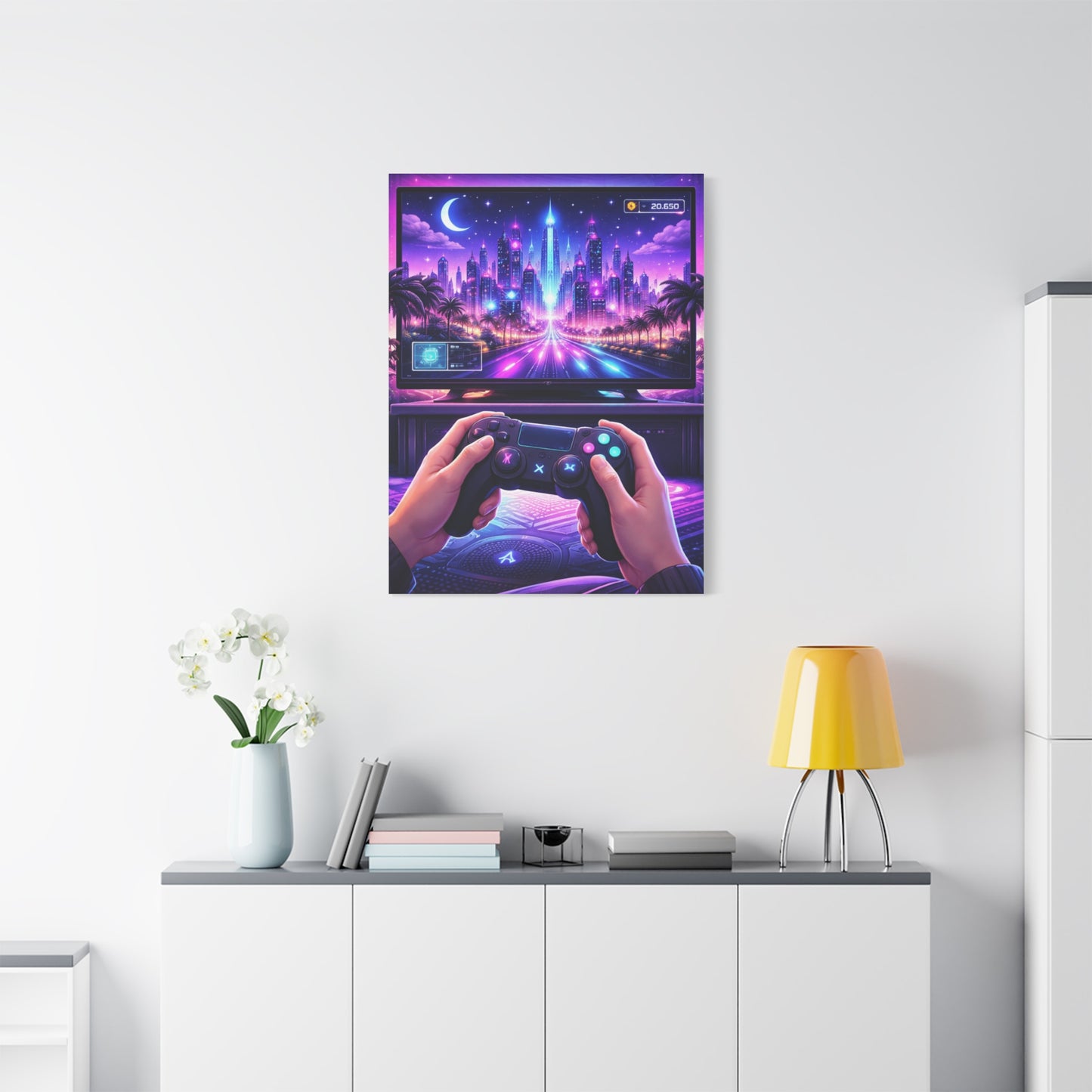 Neon Gamer Cityscape Wall Art & Canvas Print