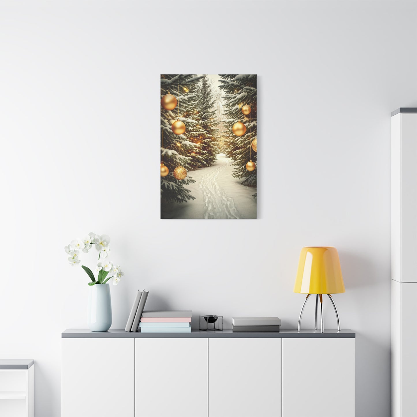 Snowy Pine Path With Golden Christmas Ornaments Wall Art & Canvas Print