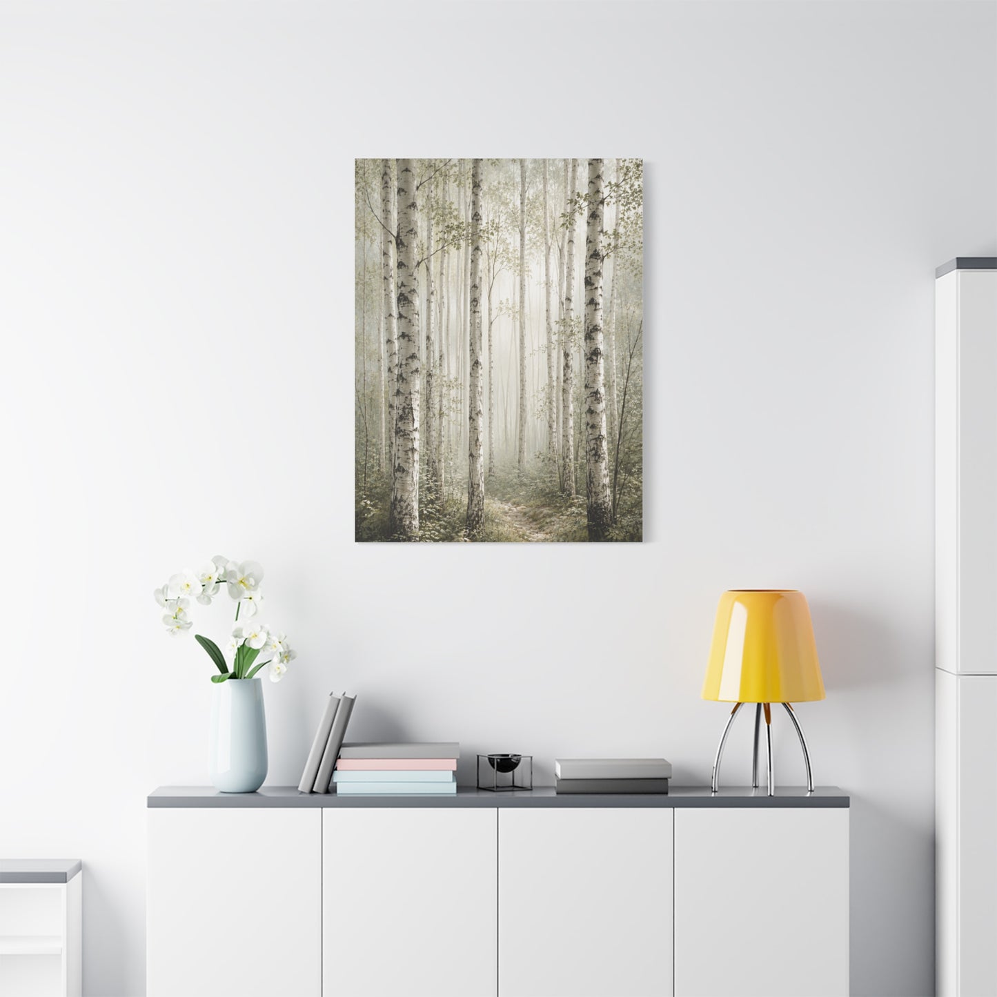 Soft Birch Forest Pathway Trees Wall Art & Canvas Print