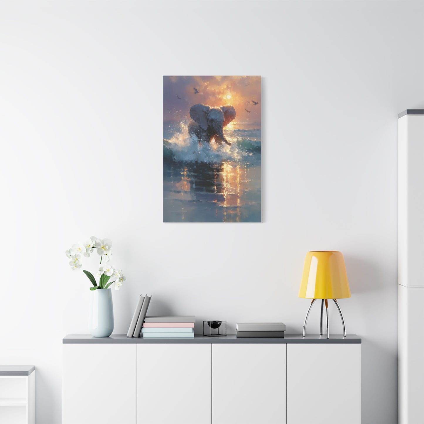 Baby Elephant Ocean Splash Wall Art & Canvas Print