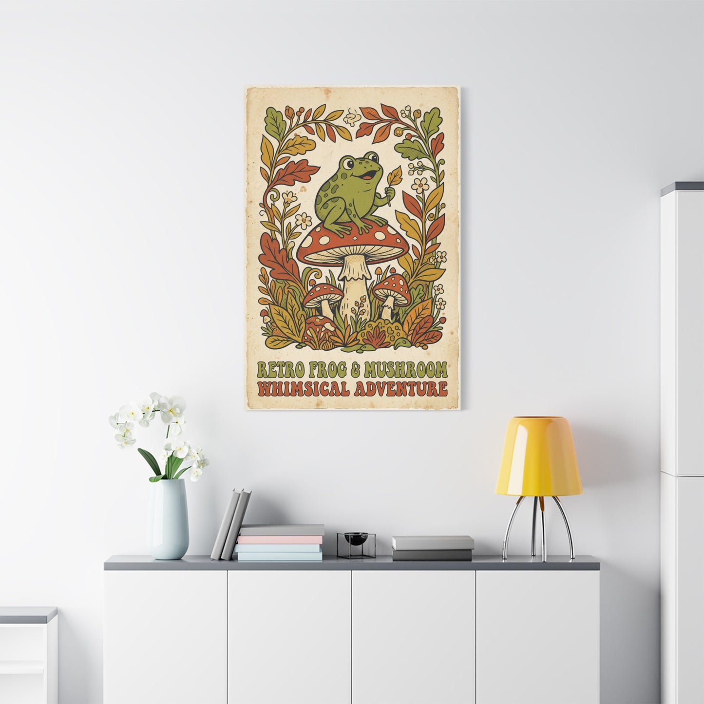 Whimsical Retro Frog and Mushroom Poster Wall Art & Canvas Print