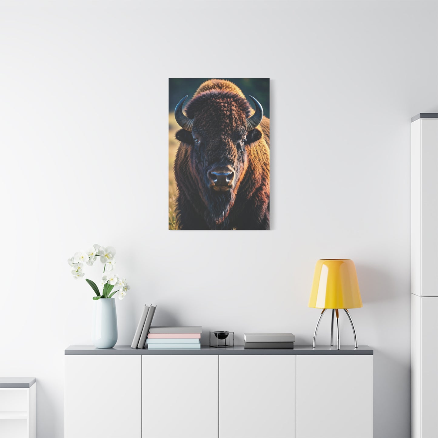 Dramatic Frontal Bison with Warm Copper Tones Wall Art & Canvas Print
