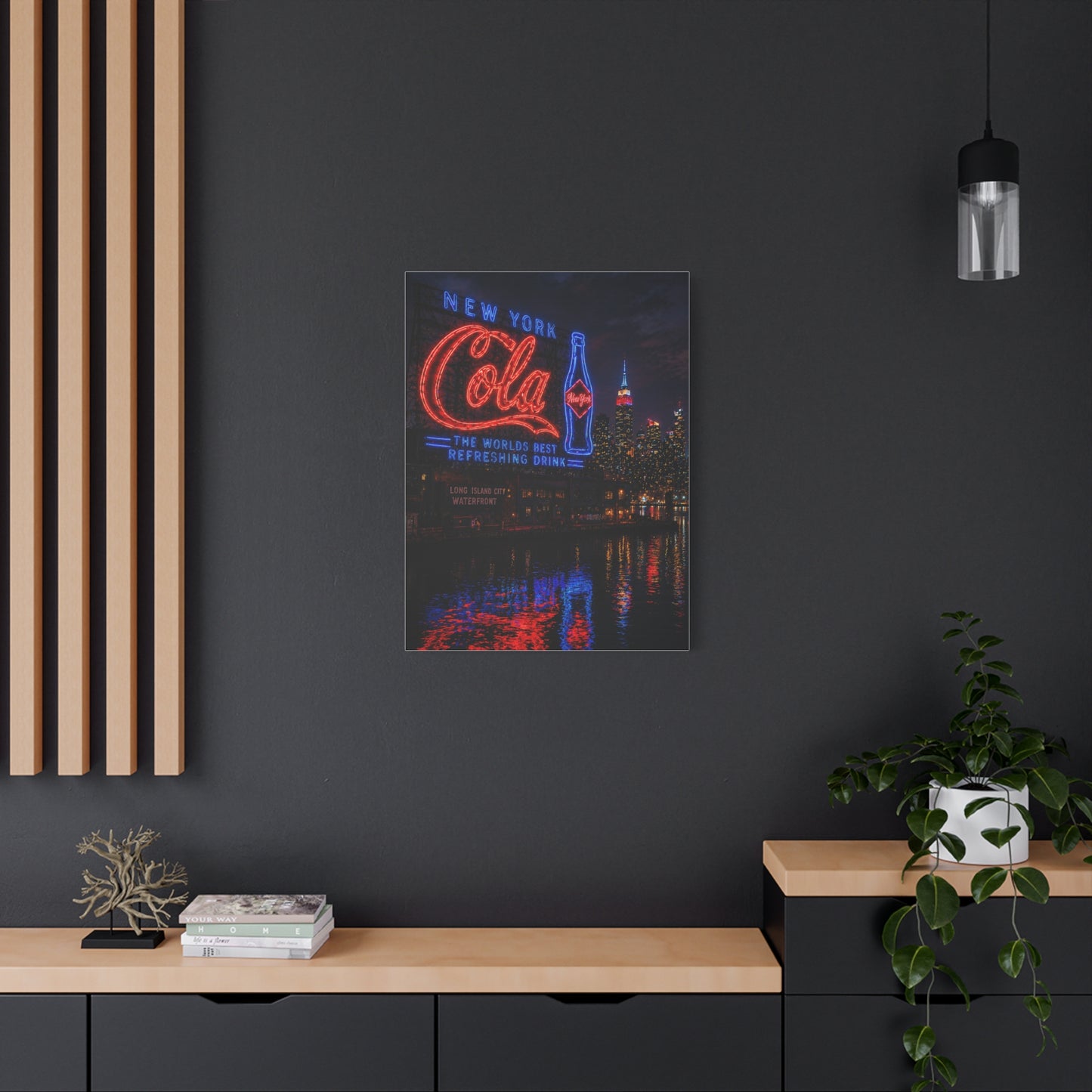 Neon Waterfront Skyline Cola Sign Wall Art & Canvas Print