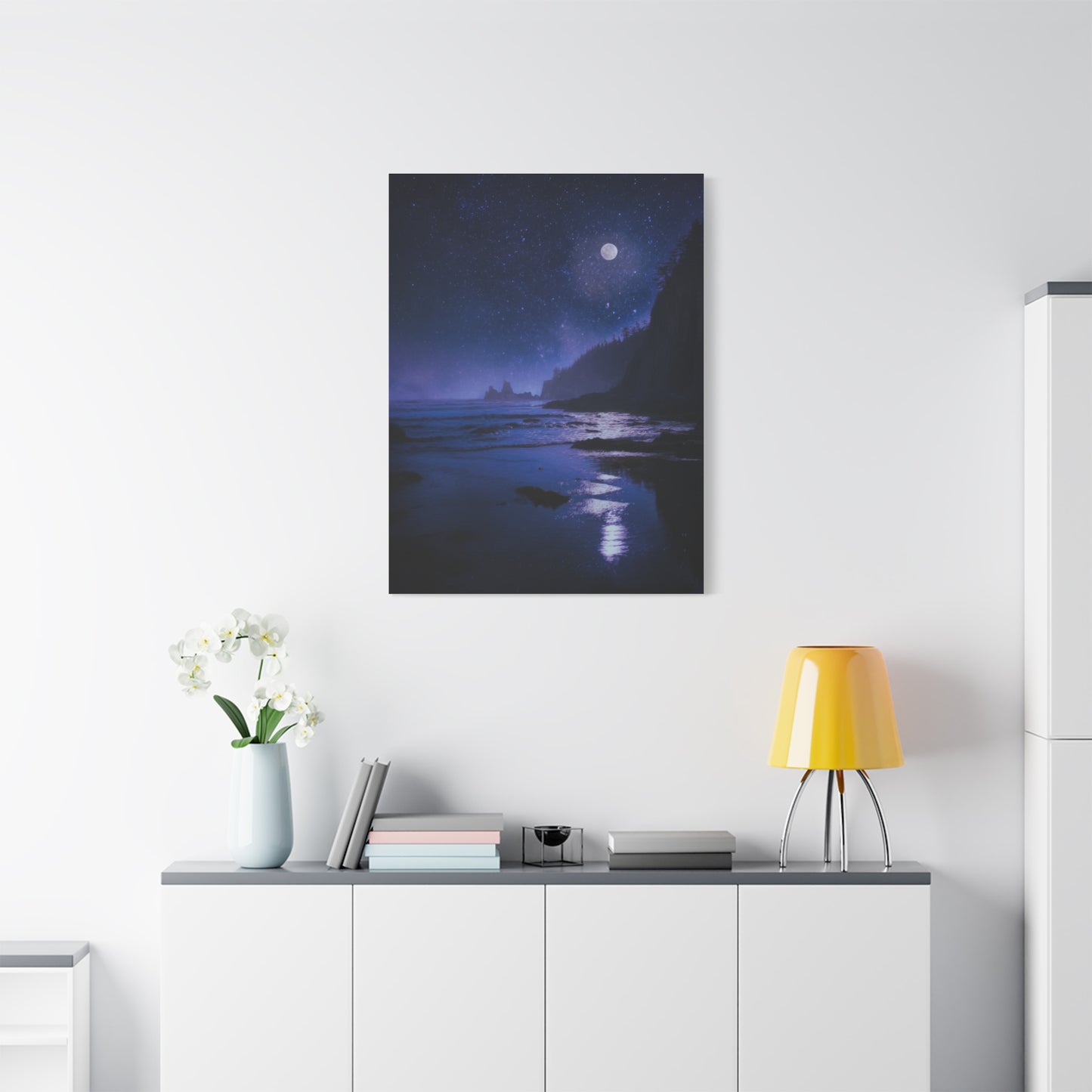 Moonlit Starry Coastline Wall Art & Canvas Print
