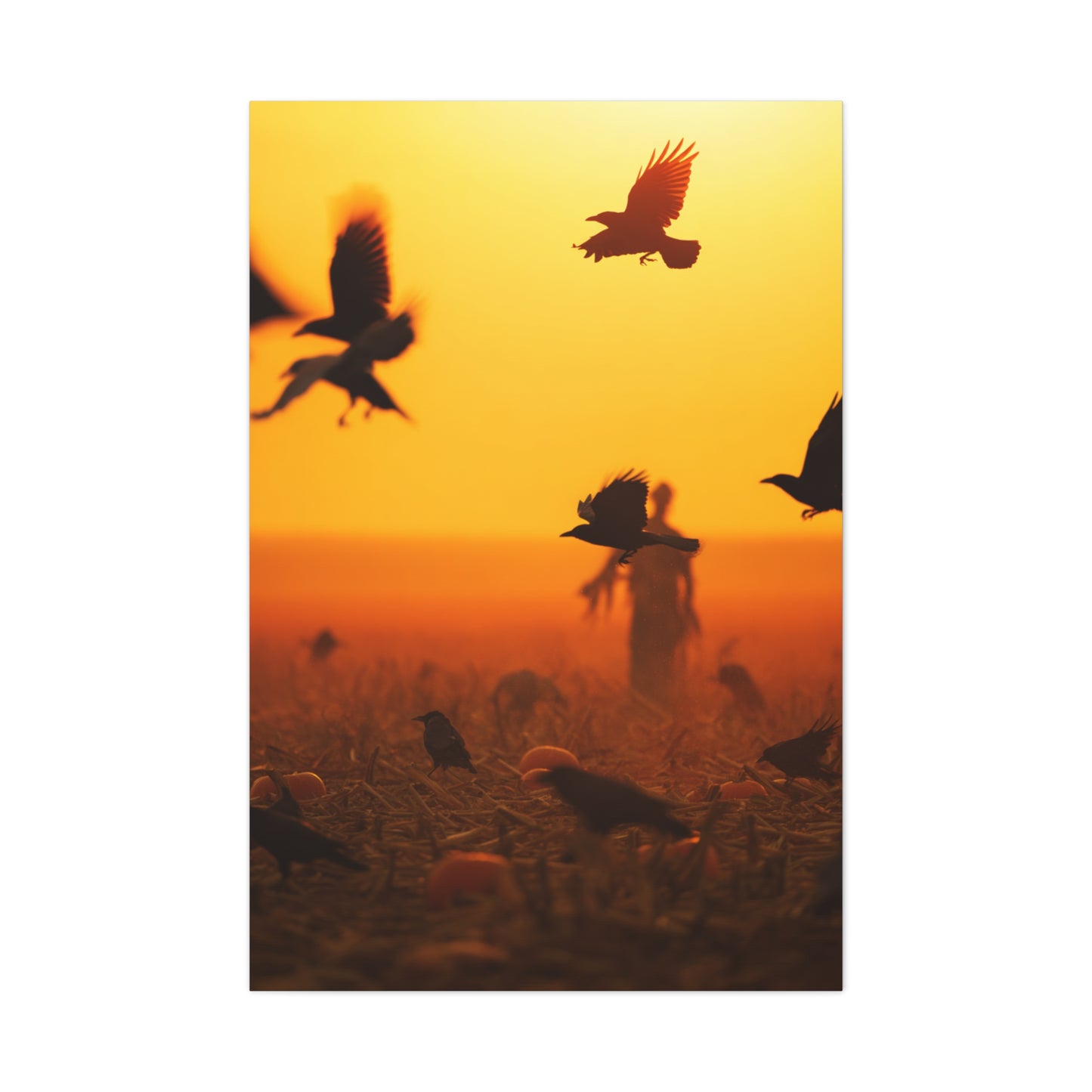 Crows Rising Over Pumpkin Field at Sunset Wall Art & Canvas Print