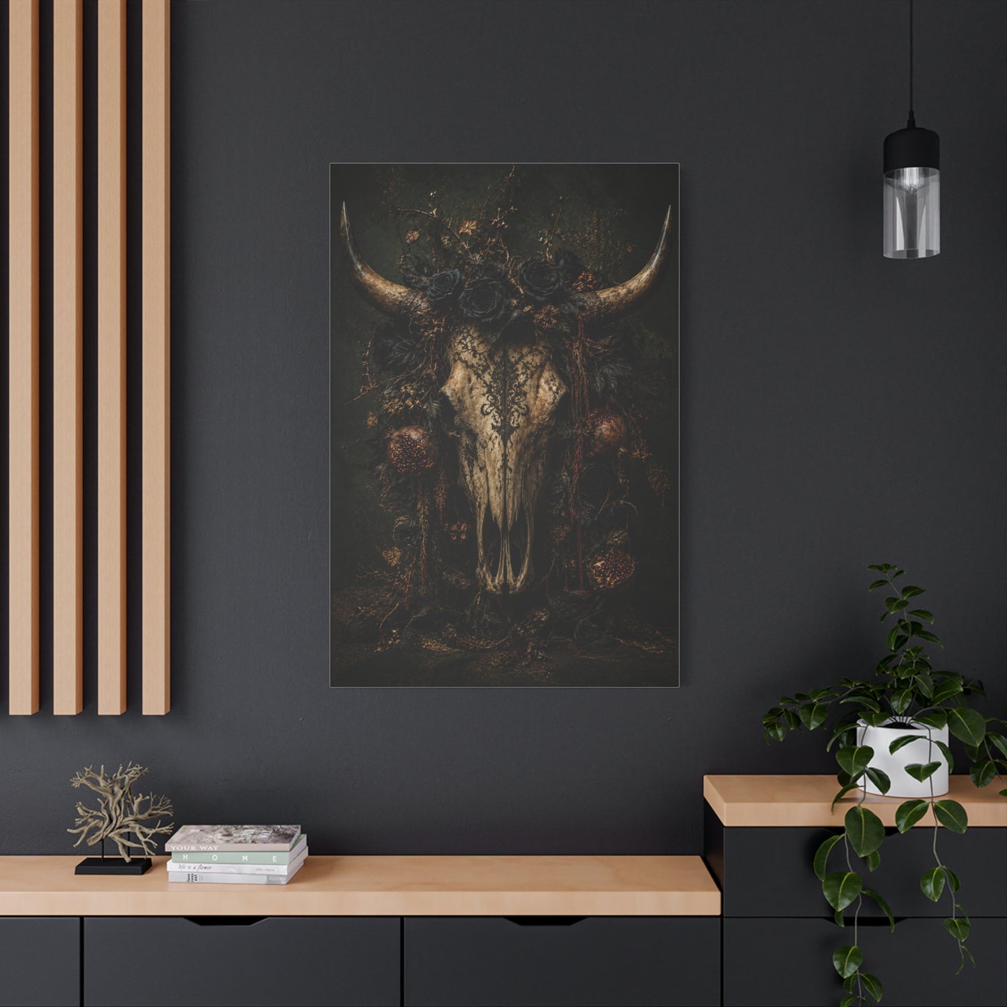 Dark Floral Longhorn Skull Statement Wall Art & Canvas Print