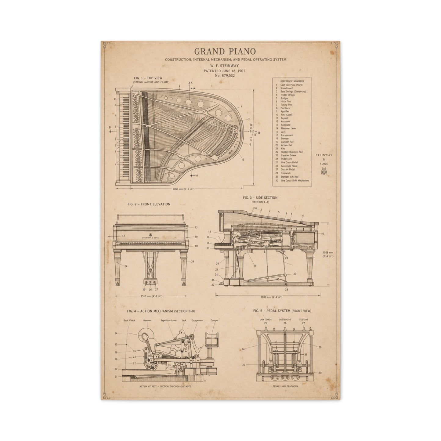 Steinway Grand Piano Technical Diagram Wall Art & Canvas Print