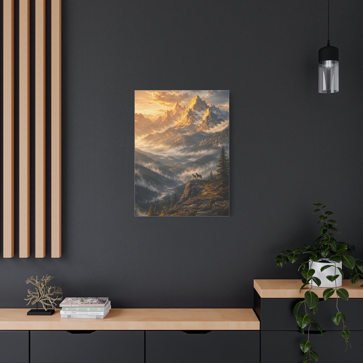 Golden Mountain Valley Wolf Pair Landscape Wall Art & Canvas Print