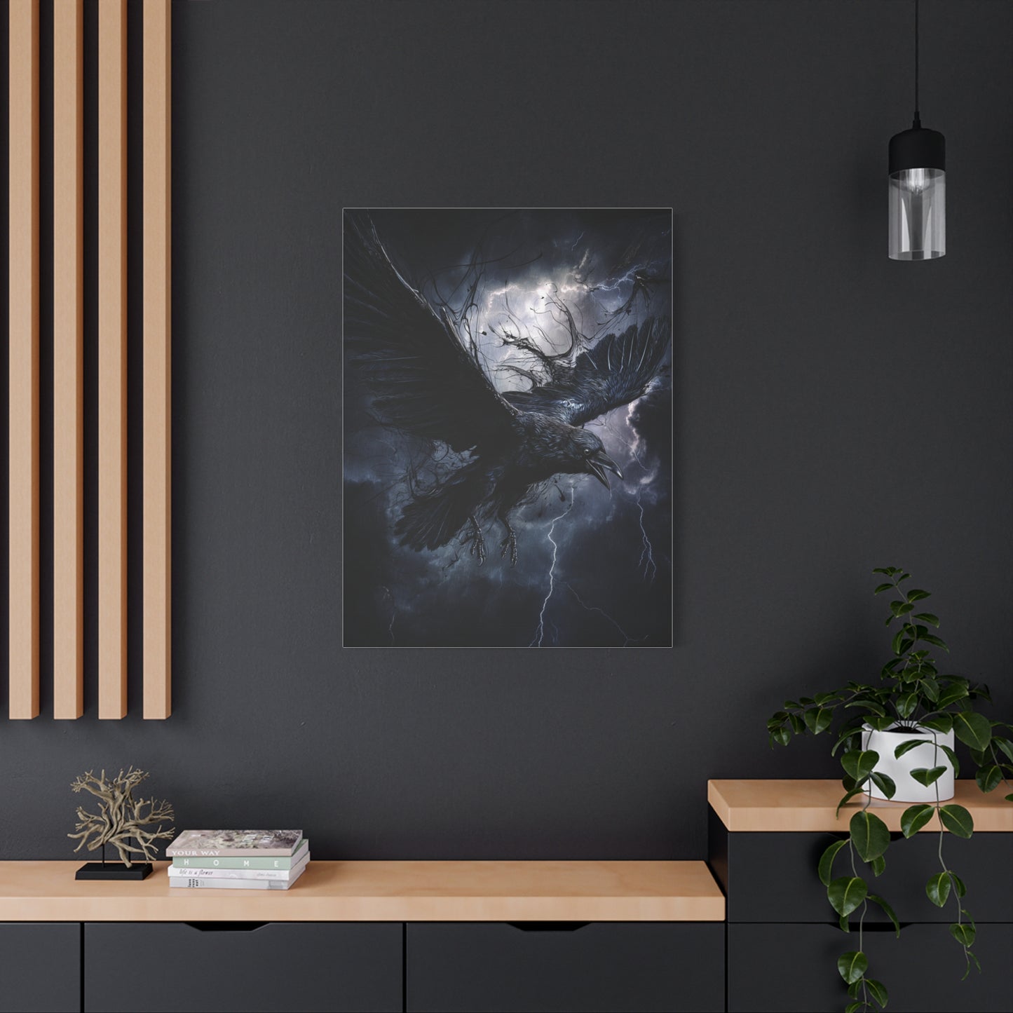 Raven Flying Through Storm Lightning Wall Art & Canvas Print