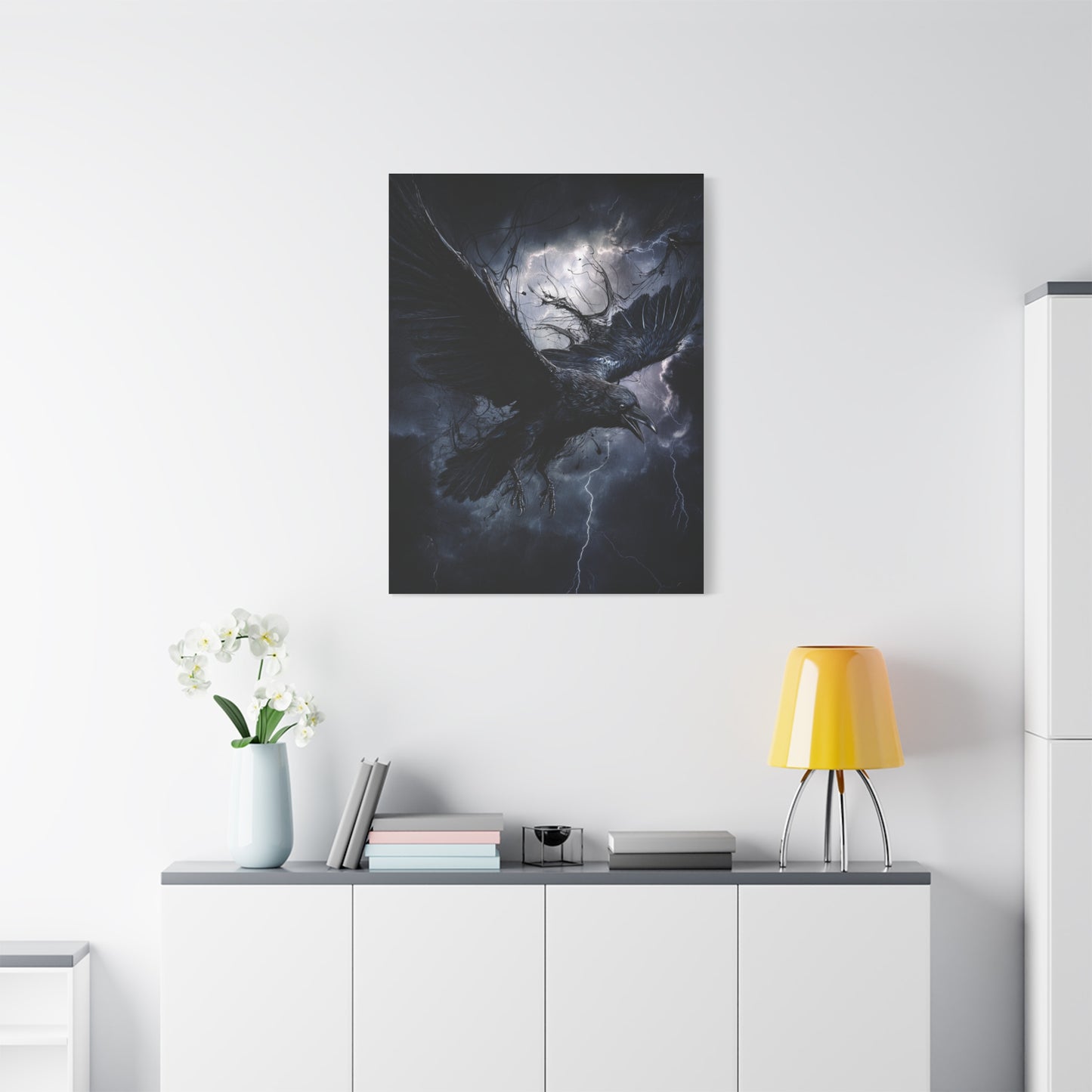 Raven Flying Through Storm Lightning Wall Art & Canvas Print