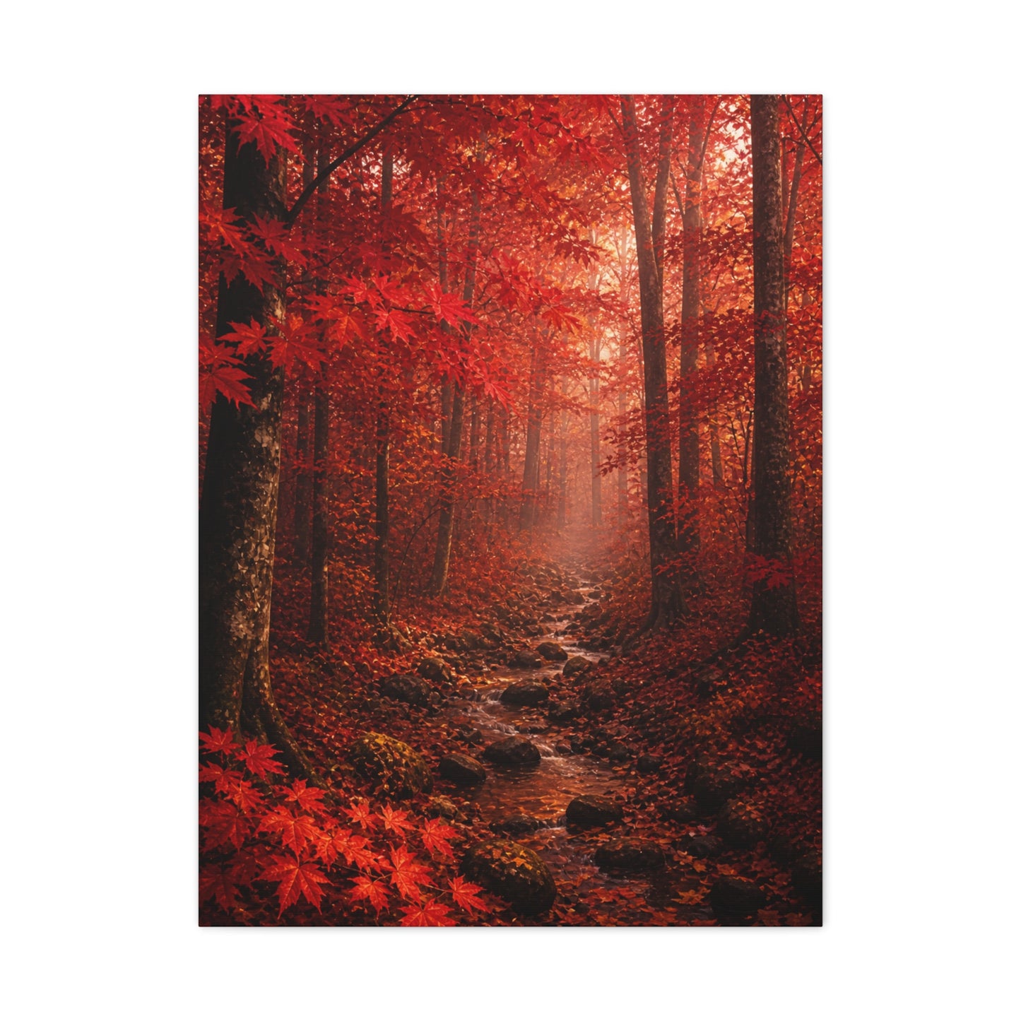 Crimson Autumn Forest Stream Wall Art & Canvas Print
