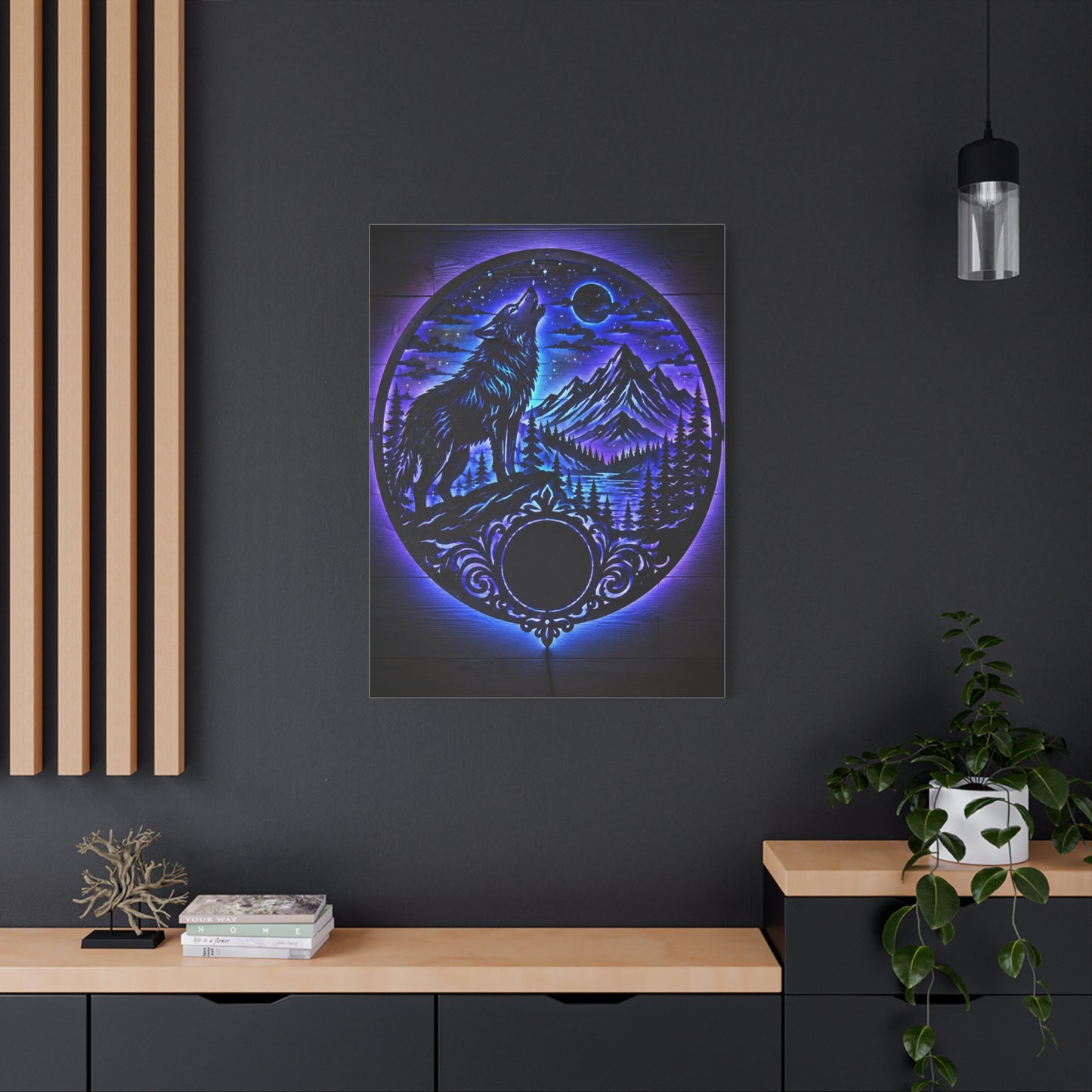 LED Mountain Wolf Night Circle Scene Wall Art & Canvas Print