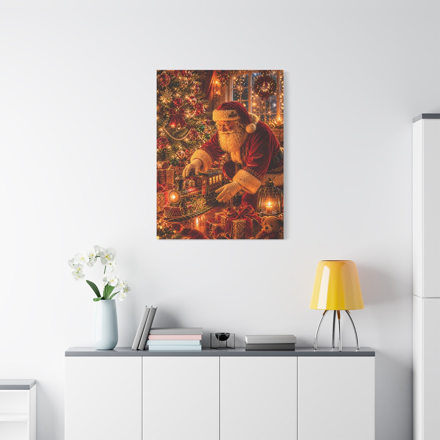 Santa Decorating the Christmas Train Wall Art & Canvas Print