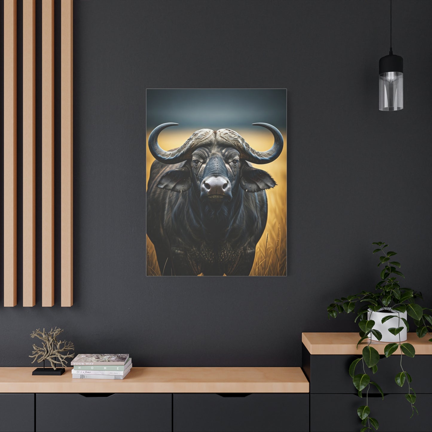 Cape Buffalo Symmetrical Portrait with Golden Backlight Wall Art & Canvas Print