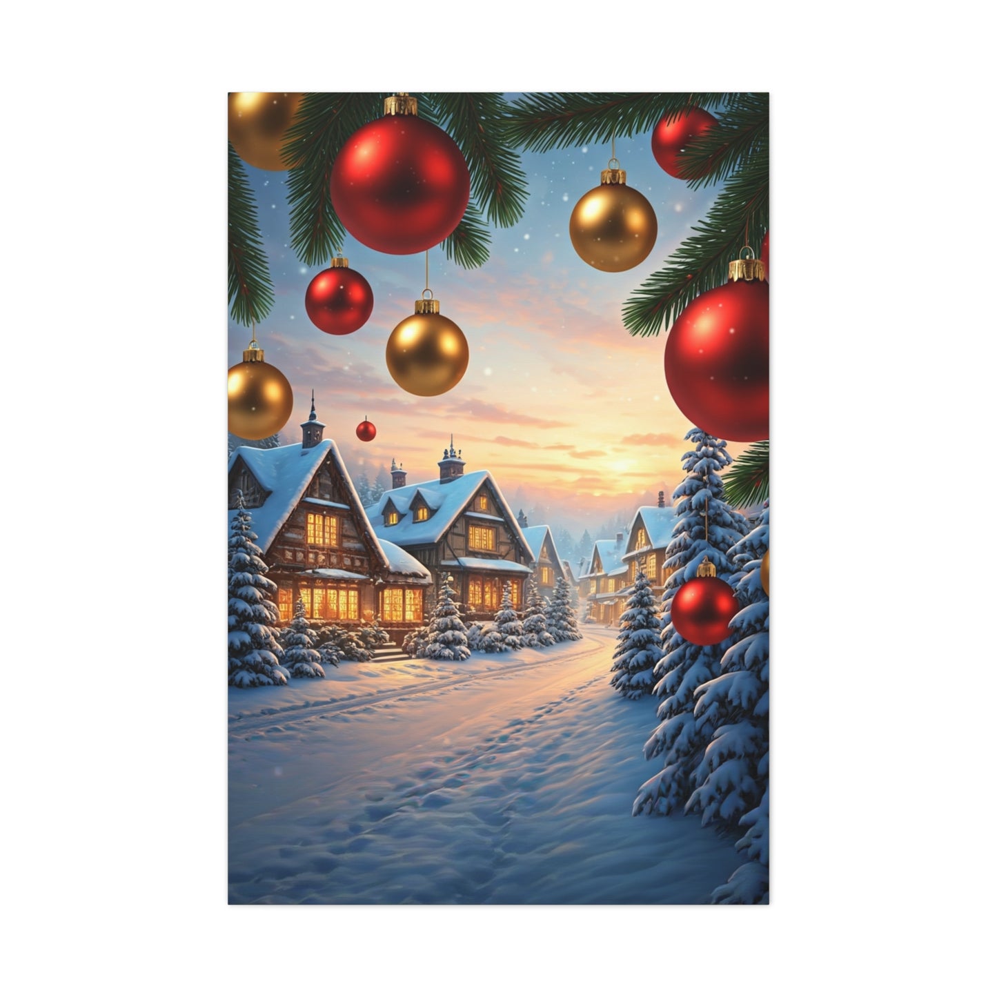 Snowy Christmas Village With Festive Ornaments Wall Art & Canvas Print